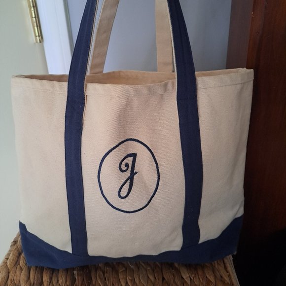 Navy and white canvas initial 'J'  tote - Picture 1 of 7